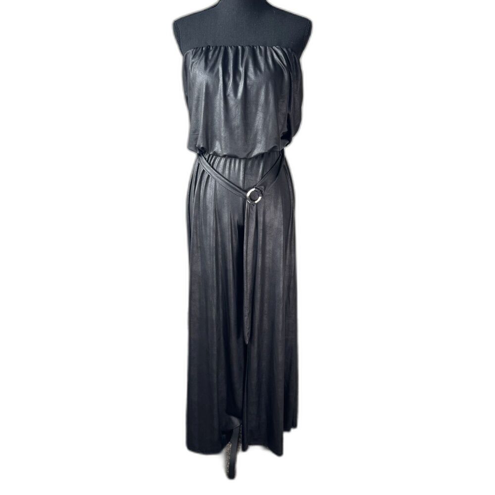 Size S Y2K Vintage Ariella faux leather wet-look wide leg strapless jumpsuit